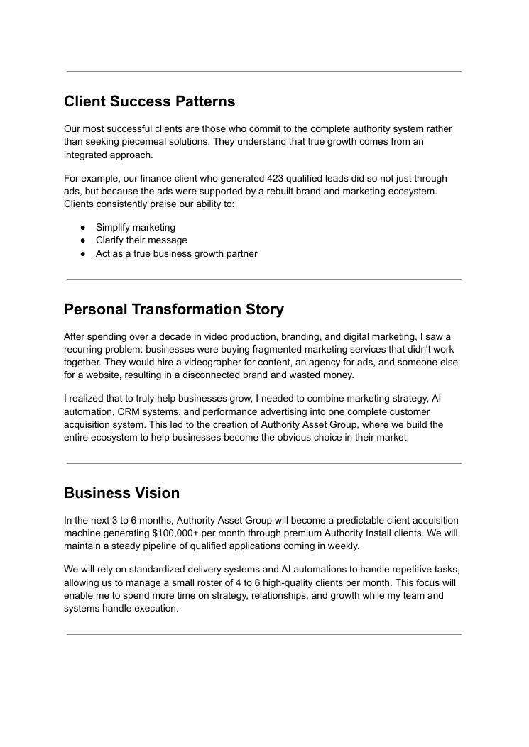 Original portfolio business document about client success patterns